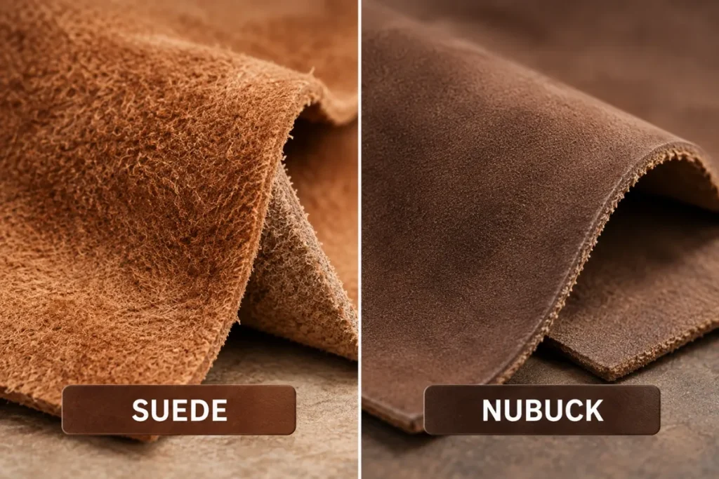 Perbandingan tekstur permukaan suede dan nubuck leather